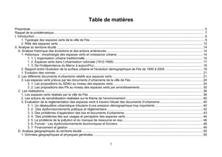 Table de matières
Préambule .................................................................................................................................................................................................... 5
Rappel de la problématique .......................................................................................................................................................................... 7
I. Introduction ................................................................................................................................................................................................ 8
       1. Typologie des espaces verts de la ville de Fès ................................................................................................................................. 9
       2. Rôle des espaces verts ................................................................................................................................................................... 12
II. Analyse du territoire étudié ..................................................................................................................................................................... 14
    A. Analyse historique des évolutions et des actions antérieures ............................................................................................................. 14
       1. Historique : morphologie des espaces verts et croissance urbaine ................................................................................................. 14
            1. 1. L’organisation urbaine traditionnelle ..................................................................................................................................... 14
            1. 2. Espaces verts dans l’urbanisation coloniale (1912-1956)..................................................................................................... 17
            1. 3. De l'indépendance du Maroc à aujourd'hui........................................................................................................................... 18
       2. Rapport entre l’évolution de la surface urbaine et l’évolution démographique de Fès de 1900 à 2004 ........................................... 19
       1. Evolution des normes ...................................................................................................................................................................... 21
    2. Les différents documents d’urbanisme relatifs aux espaces verts :..................................................................................................... 21
       3. Les espaces verts prévus par les documents d’urbanisme de la ville de Fès.................................................................................. 24
            3. 1. Les propositions du SDAU au niveau des espaces verts ..................................................................................................... 24
            3. 2. Les propositions des PA au niveau des espaces verts par arrondissements ....................................................................... 30
    C. Les réalisations................................................................................................................................................................................... 36
       1. Les espaces verts réalisés par la ville de Fès ................................................................................................................................. 36
       2. Les actions de sensibilisation réalisées sur le thème de l’environnement ....................................................................................... 40
       3. Evaluation de la réglementation des espaces verts à travers l’étude des documents d’urbanisme................................................. 40
            3. 1. Un déséquilibre urbanistique tributaire d’une pression démographique trop importante ...................................................... 40
            3. 2. Des dysfonctionnements politique et réglementaire ............................................................................................................ 42
            3. 3. Des problèmes d’application des lois et documents d’urbanisme......................................................................................... 43
            3. 4. Des problèmes liés aux usages et perception des espaces verts ....................................................................................... 44
            3. 5. Le problème de la pollution et du manque de ressource en eau .......................................................................................... 46
            3. 6. Foncier : Les dysfonctionnements économiques et fonciers : .............................................................................................. 48
            3. 7. Financement et gestion ........................................................................................................................................................ 49
    D. Analyse géographiques du territoire étudié ........................................................................................................................................ 55
       1. Données géographiques et physiques générales ............................................................................................................................ 55

                                                                                                        1
 