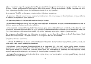L’Oued Fès est l’axe majeur du paysage urbain de Fès, par où s’articulent les grands éléments de ce paysage, comme la plaine haute
du Saiss à l’Ouest, la plaine basse du Sebou à l’Est, et sur lequel viennent s’appuyer les montagnes (Tghat et Zalagh à l’Ouest et au
Nord) et les collines (Borj Sud, Koudiat Ben Jellik) qui délimitent le site au Nord et au Sud.

Le parcours de l’Oued Fès se décompose en quatre sections distinctes et successives :

- de la source à Dokkarat, le cours traverse une zone humide de terrains plats et marécageux où l’Oued récolte ses principaux affluents
et établit son équilibre avec la nappe phréatique.

- de Dokkarat au Palais, où l’Oued est caractérisé par un tronçon canalisé.

- la traversée du Palais Royal, de Fès Jdid et de leur abords, c’est dans ce secteur que se trouve le système de répartition qui règle le
débit des grandes ramifications qui alimentent la Médina.

- la traversée de la médina se fait en quatre branches majeures qui se retrouvent dans l’émissaire central, l’Oued Bou Kherareb, avant
de sortir des remparts au Nord de la ville. C’est sur ce tronçon que l’Oued est entièrement domestiqué pour les besoins de la ville et que
l’on y trouve de graves problèmes sanitaires liés à la triple fonction des canaux (alimentation, irrigation, et assainissement)

Sur son parcours, l’oued Fès reçoit cinq affluents sur sa rive droite : ce sont l’Oued Smen, l’Oued Ain Chkeff, l’Oued Miyer, l’Oued
Mehraz et l’Oued Boufekrane. Il en reçoit un sixième sur sa rive gauche et en aval : l’Oued Mellah.

L’importance des eaux souterraines :

- Les Oueds Miyet, Mehraz et Boufekrane sont tous les trois alimentés par des résurgences de la nappe phréatique, alors que les Oueds
Smen et Ain Chkeff drainent des eaux de ruissellement.

- Au Sud-ouest s’étend une nappe phréatique importante et de niveau élevé (0,5 à 5 m max), enrichie par les réseaux d’irrigation
particulièrement denses des Oueds Smen et Ain Chkeff, ainsi que de l’Oued Bou R’Kais en amont de Ras El Ma. Cette nappe comporte
deux bassins versants, l’un orienté vers l’Oued Fès amont, l’autre vers l’Oued Mehraz et l’Oued Fès aval. La rupture des pentes
s’identifie approximativement avec une ligne passant du Sud au Nord par la route d’Ain Chkeff.

- La nappe affleure en plusieurs points du vallon de la médina, formant neuf sources qui ont contribué jusqu’à l’époque récente, à
l’alimentation en eau de la Médina.

                                                                   63
 