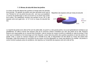 1. 5. Niveau de sécurité dans les jardins

Le niveau de sécurité dépend des quartiers et change selon les périodes
de la journée. En général, les jardins sont plus sécurisés le jour que la     Répartition des espaces verts par niveau de sécurité
nuit. Pendant la nuit, les jardins les plus sûrs sont ceux qui possèdent
un service de gardiennage ou bien se trouvent sur le chemin des rondes
de la police. Les statistiques montrent que pendant le jour, 65 % des
espaces verts sont jugés sûrs et 14 % ont un niveau de sécurité très
bas.




La majorité des jardins de la ville de Fès sont de petite taille, et quand il y a des grands jardins, ils ne sont généralement entretenus que
partiellement. En effet le service des espaces verts de la commune urbaine n’entretient que 30% des jardins de la ville. Plusieurs
facteurs sont responsables de ce mauvais état d’entretien, mais le manque de moyens humains et matériels en reste le principal. Il faut
noter que le vandalisme et le braconnage sont très fréquents, surtout dans les jardins des quartiers populaires et dans les jardins non
gardés. Enfin, à cause du manque d’espace vert à l’échelle de la ville, la fréquentation est très élevée au niveau des jardins bien
aménagés. Cette forte pression sur ces jardins fini par causer une forte dégradation au niveau des plantes et du mobilier. Les photos ci-
contre montrent quelques actes de vandalisme, très répandus sur l’ensemble des espaces verts de la ville de Fès.




                                                                     71
 