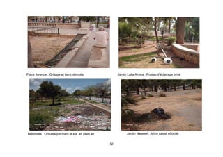 Place florence : Grillage et banc démolis               Jardin Lalla Amina : Poteau d’éclairage brisé




Mérinides : Ordures jonchant le sol en plein air              Jardin Nwawel : Arbre cassé et brûlé


                                                   72
 