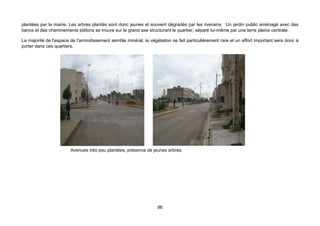 plantées par la mairie. Les arbres plantés sont donc jeunes et souvent dégradés par les riverains. Un jardin public aménagé avec des
bancs et des cheminements piétons se trouve sur le grand axe structurant le quartier, séparé lui-même par une terre pleine centrale.

La majorité de l'espace de l'arrondissement semble minéral, la végétation se fait particulièrement rare et un effort important sera donc à
porter dans ces quartiers.




                        Avenues très peu plantées, présence de jeunes arbres.




                                                                   96
 