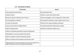 2. 6. Contraintes et atouts

                             Contraintes                                                         Atouts

Forte densité des constructions.                                  Grand potentiel foncier.

Pression foncière.                                                Situation au cœur de la ceinture verte.

Manque de moyens matériel et main d’œuvre.                        Ouverture paysagère sur les montagnes du moyen Atlas.

Pas de budget pour l’entretien.                                   Site favorable à l’extension urbaine (relief, nature du sol,...).

Formation du personnel.                                           Présence d’une nappe phréatique importante.

Coupure avec le reste de l’agglomération.                         Proximité des grandes infrastructures routières.

Absence d’équipements.                                            Densité de constructions faible au sud.

Présence d’industries parsemées et parfois dangereuses.

Hétérogénéité et mauvaise qualité architecturale.

Absence de gestion correcte des déchets solides.

Absence de liaisons entre quartiers et le reste de la ville.

Regroupement de couches populaires pauvres avec réalisation de
projets d’habitats sociaux de très grandes superficies




                                                                 97
 