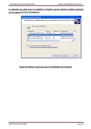 RAPPORT DE FIN DE FORMATION

ANNEE ACADEMIQUE 2009-2010

La sélection du pilot pour le matériel à installer parmis plusieurs pilotes présents
sur le support (le CD d’installation)

Copie des fichiers nécessaire pour l’installation du matériel

LEKPO BLEY JEAN OMER

Page 25

 