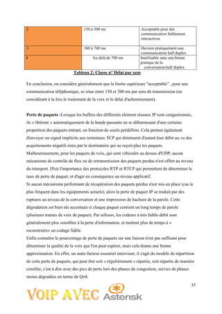 35
Tableau 2: Classe n° Délai par sens
En conclusion, on considère généralement que la limite supérieure "acceptable" , pour une
communication téléphonique, se situe entre 150 et 200 ms par sens de transmission (en
considérant à la fois le traitement de la voix et le délai d'acheminement).
Perte de paquets :Lorsque les buffers des différents élément réseaux IP sont congestionnés,
ils « libèrent » automatiquement de la bande passante en se débarrassant d'une certaine
proportion des paquets entrant, en fonction de seuils prédéfinis. Cela permet également
d'envoyer un signal implicite aux terminaux TCP qui diminuent d'autant leur débit au vu des
acquittements négatifs émis par le destinataire qui ne reçoit plus les paquets.
Malheureusement, pour les paquets de voix, qui sont véhiculés au dessus d'UDP, aucun
mécanisme de contrôle de flux ou de retransmission des paquets perdus n'est offert au niveau
du transport. D'où l'importance des protocoles RTP et RTCP qui permettent de déterminer le
taux de perte de paquet, et d'agir en conséquence au niveau applicatif.
Si aucun mécanisme performant de récupération des paquets perdus n'est mis en place (cas le
plus fréquent dans les équipements actuels), alors la perte de paquet IP se traduit par des
ruptures au niveau de la conversation et une impression de hachure de la parole. Cette
dégradation est bien sûr accentuée si chaque paquet contient un long temps de parole
(plusieurs trames de voix de paquet). Par ailleurs, les codeurs à très faible débit sont
généralement plus sensibles à la perte d'information, et mettent plus de temps à «
reconstruire» un codage fidèle.
Enfin connaître le pourcentage de perte de paquets sur une liaison n'est pas suffisant pour
déterminer la qualité de la voix que l'on peut espérer, mais cela donne une bonne
approximation. En effet, un autre facteur essentiel intervient; il s'agit du modèle de répartition
de cette perte de paquets, qui peut être soit « régulièrement » répartie, soit répartie de manière
corrélée, c'est à dire avec des pics de perte lors des phases de congestion, suivies de phases
moins dégradées en terme de QoS.
2 150 à 300 ms Acceptable pour des
communication faiblement
interactives
3 300 à 700 ms Devient pratiquement une
communication half duplex
4 Au delà de 700 ms Inutilisable sans une bonne
pratique de la
conversation half duplex
 