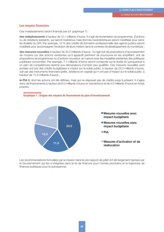 Les moyens financiers
Ces investissements seront financés par (cf. graphique 1) :
des redéploiements à hauteur de 12,1 milliards d’euros. Il s’agit de réorientation de programmes, d’actions
ou de dotations existants, qui seront maintenus mais dont les caractéristiques seront modifiées pour servir
les finalités du GPI. Par exemple, 10 % des crédits de formation professionnelle des agents publics seront
mobilisés pour accompagner l’évolution de leurs métiers dans le contexte de développement du numérique ;
des mesures nouvelles à hauteur de 34,0 milliards d’euros : il s’agit soit de propositions d’accroissement
de moyens sur des actions existantes qu’il apparaît pertinent de poursuivre en les amplifiant, soit de
propositions de programmes ou d’actions nouveaux, en rupture avec les modalités existantes des politiques
publiques concernées. Par exemple, 7,1 milliards d’euros seront consacrés sur la durée du quinquennat à
un plan de compétences destiné aux demandeurs d’emploi peu qualifiés. Ces mesures nouvelles sont
portées soit par des crédits budgétaires à impact sur le solde public, à hauteur de 24,0 milliards d’euros,
soit par des instruments financiers (prêts, dotations en capital) qui n’ont pas d’impact sur le solde public, à
hauteur de 11,0 milliards d’euros ;
le PIA 3, dont les actions ont été définies, mais qui ne disposait pas de crédits jusqu’à présent. Il s’agira
donc de financements à hauteur de 6,0 milliards d’euros en subventions et de 4,0 milliards d’euros en fonds
propres.
Graphique 1 : Origine des moyens de ﬁnancement du plan d’investissement
Les recommandations formulées par la mission dans le pré-rapport de juillet ont été largement reprises par
le Gouvernement qui les a intégrées dans la loi de finances pour l’année prochaine et la trajectoire de
finances publiques pour le quinquennat.
27
LE GRAND PLAN D’INVESTISSEMENT
1. LA LoGIquE Du PLAN D’INVESTISSEMENT
 