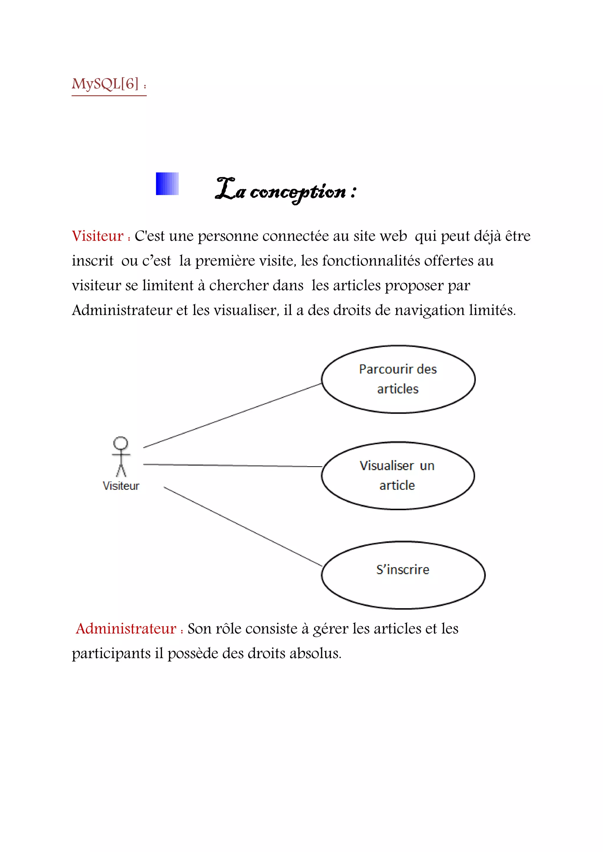 MySQL[6] :
La conception :
Visiteur : C'est une personne connectée au site web qui peut déjà être
inscrit ou c’est la première visite, les fonctionnalités offertes au
visiteur se limitent à chercher dans les articles proposer par
Administrateur et les visualiser, il a des droits de navigation limités.
Administrateur : Son rôle consiste à gérer les articles et les
participants il possède des droits absolus.
 