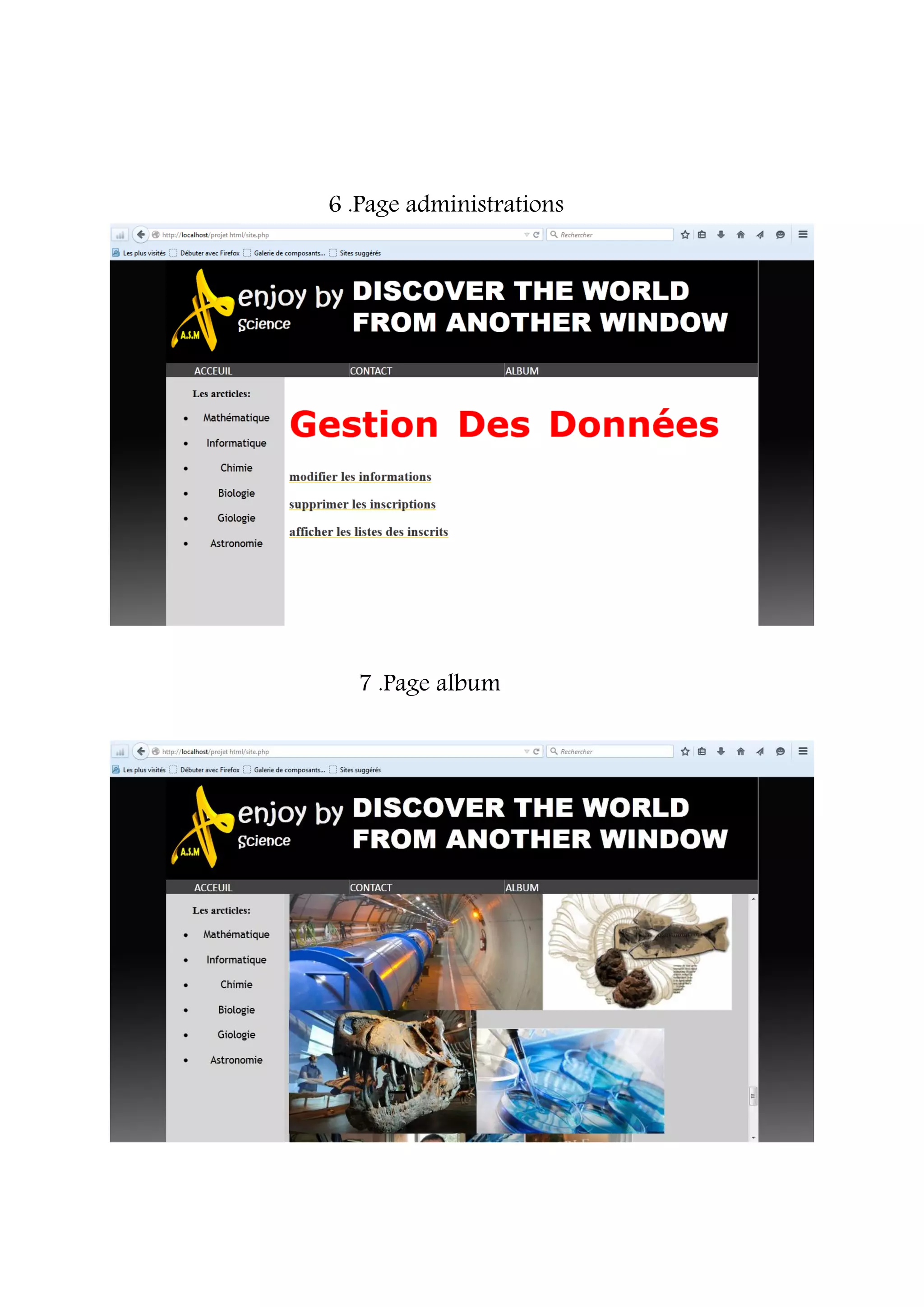 6 .Page administrations
7 .Page album
 