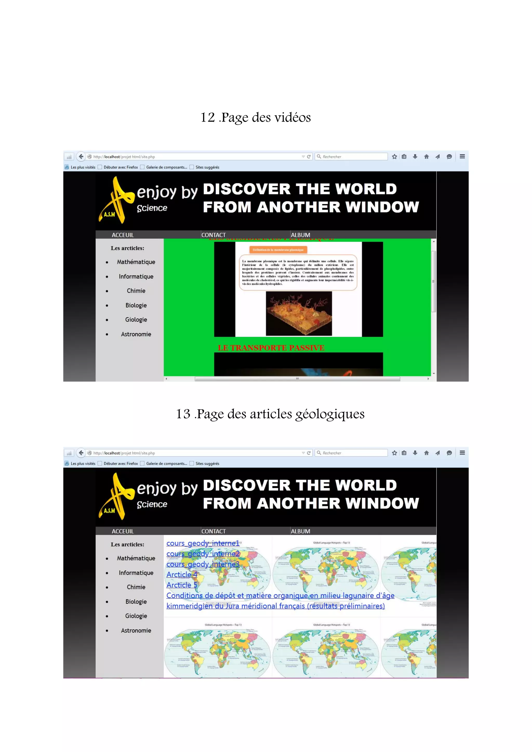 12 .Page des vidéos
13 .Page des articles géologiques
 