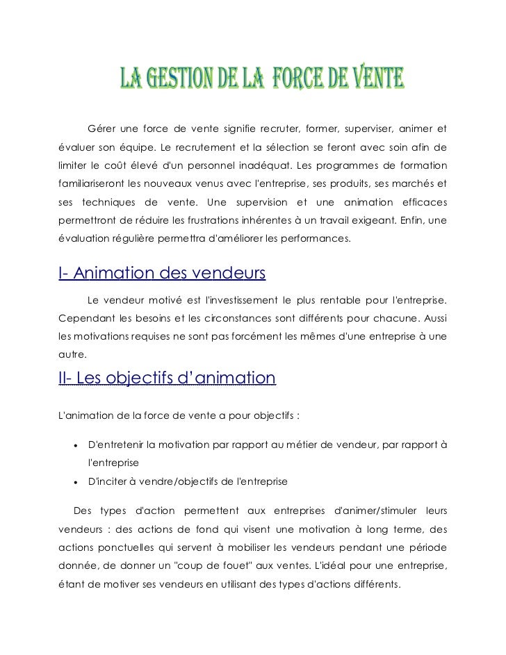 Rapport De Mini Stage En Force De Vente