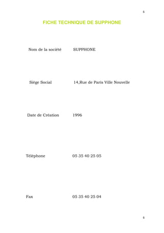 6


        FICHE TECHNIQUE DE SUPPHONE




 Nom de la société   SUPPHONE




 Siège Social        14,Rue de Paris Ville Nouvelle




Date de Création     1996




Téléphone            05 35 40 25 05




Fax                  05 35 40 25 04




                                                      6
 
