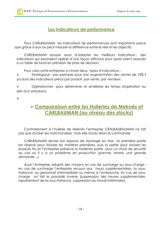 E.S.T/ Technique de Communication et Commercialisation        Rapport de mini stage




                         Les indicateurs de performance


     Pour CARLBAUMAN les indicateurs de performances sont importants parce
que grâce à eux on peut mesurer la différence entre le réel et les objectifs.

      CARLBAUMAN essaye aussi d’adopter les meilleurs indicateurs ; des
 indicateurs qui pourraient opérer d’une façon efficace pour quels soient associés
 à un table de bord en prévision de prise de décision.

     Pour cela cette entreprise a choisit deux types d’indicateurs :
         Stratégique : par exemple pour une augmentation des ventes de 10% il
 ya aura des indicateurs précis par produit, par vente, par vendeur.

          Opérationnel : pour déterminer et améliorer les temps d'opération au
 sein d'un processus.

 

           Comparaison entre les Huileries de Meknés et
               CARLBAUMAN (au niveau des stocks)


     Contrairement à l’huilerie de Meknès l’entreprise CRALBAUBAUMAN ne fait
  pas que stocker ses marchandises mais elle stocks selon la commande.

      CARLBAUMAN devise son espace de stockage en trois : la première partie
  est réservé pour stocker les matières premières, puis la partie pour stocker les
  produits fini et l’entreprise préserve la troisième partie pour un stock de sécurité
  au cas où il y a un problème en production (pannes, retard, une grande
  demande…)

       Aussi l’entreprise adopte des moyens en cas de surcharge ou sous-charge :
  en cas de surcharge l’entreprise recours aux heurs supplémentaires, la sous-
  traitance, au personnel intermédiaire ou même à l’embauche. En cas de sous-
  charge on fait le procédé inverse (suppression des heures supplémentaire,
  rapatriement de la sous-traitance, suppression du travail intérimaire).




                                                 - 18 -
 