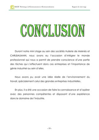 E.S.T/ Technique de Communication et Commercialisation   Rapport de mini stage




    Durant notre mini stage au sein des sociétés Huilerie de Meknès et
CARLBAUMAN, nous avons eu l’occasion d’intégrer le monde
professionnel qui nous a permit de prendre conscience d’une partie
des tâches qui s’effectuent dans ces entreprises et l’importance de
génie industriel au sein d’elles.


    Nous avons pu avoir une idée réelle de l’environnement du
travail, spécialement celui des grandes entreprises industrielles.


    En plus, il a été une occasion de faire la connaissance et d’opérer
avec des personnes compétentes et disposant d’une expérience
dans le domaine de l’industrie.




                                                - 19 -
 