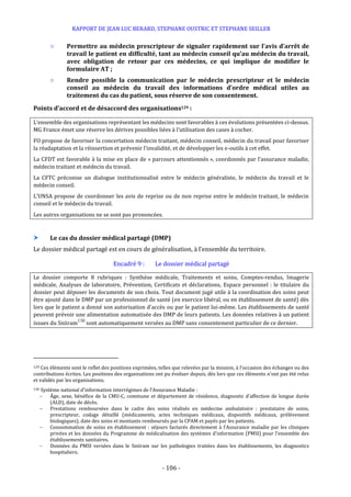 RAPPORT DE JEAN LUC BERARD, STEPHANE OUSTRIC ET STEPHANE SEILLER
- 106 -
○ Permettre au médecin prescripteur de signaler rapidement sur l’avis d’arrêt de
travail le patient en difficulté, tant au médecin conseil qu’au médecin du travail,
avec obligation de retour par ces médecins, ce qui implique de modifier le
formulaire AT ;
○ Rendre possible la communication par le médecin prescripteur et le médecin
conseil au médecin du travail des informations d’ordre médical utiles au
traitement du cas du patient, sous réserve de son consentement.
Points d’accord et de désaccord des organisations129 :
L’ensemble des organisations représentant les médecins sont favorables à ces évolutions présentées ci-dessus.
MG France émet une réserve les dérives possibles liées à l’utilisation des cases à cocher.
FO propose de favoriser la concertation médecin traitant, médecin conseil, médecin du travail pour favoriser
la réadaptation et la réinsertion et prévenir l’invalidité, et de développer les e-outils à cet effet.
La CFDT est favorable à la mise en place de « parcours attentionnés », coordonnés par l’assurance maladie,
médecin traitant et médecin du travail.
La CFTC préconise un dialogue institutionnalisé entre le médecin généraliste, le médecin du travail et le
médecin conseil.
L’UNSA propose de coordonner les avis de reprise ou de non reprise entre le médecin traitant, le médecin
conseil et le médecin du travail.
Les autres organisations ne se sont pas prononcées.
 Le cas du dossier médical partagé (DMP)
Le dossier médical partagé est en cours de généralisation, à l’ensemble du territoire.
Encadré 9 : Le dossier médical partagé
Le dossier comporte 8 rubriques : Synthèse médicale, Traitements et soins, Comptes-rendus, Imagerie
médicale, Analyses de laboratoire, Prévention, Certificats et déclarations, Espace personnel : le titulaire du
dossier peut déposer les documents de son choix. Tout document jugé utile à la coordination des soins peut
être ajouté dans le DMP par un professionnel de santé (en exercice libéral, ou en établissement de santé) dès
lors que le patient a donné son autorisation d'accès ou par le patient lui-même. Les établissements de santé
peuvent prévoir une alimentation automatisée des DMP de leurs patients. Les données relatives à un patient
issues du Sniiram130
sont automatiquement versées au DMP sans consentement particulier de ce dernier.
129 Ces éléments sont le reflet des positions exprimées, telles que relevées par la mission, à l’occasion des échanges ou des
contributions écrites. Les positions des organisations ont pu évoluer depuis, dès lors que ces éléments n’ont pas été relus
et validés par les organisations.
130 Système national d’information interrégimes de l’Assurance Maladie :
- Âge, sexe, bénéfice de la CMU-C, commune et département de résidence, diagnostic d’affection de longue durée
(ALD), date de décès.
- Prestations remboursées dans le cadre des soins réalisés en médecine ambulatoire : prestataire de soins,
prescripteur, codage détaillé (médicaments, actes techniques médicaux, dispositifs médicaux, prélèvement
biologiques), date des soins et montants remboursés par la CPAM et payés par les patients.
- Consommation de soins en établissement : séjours facturés directement à l’Assurance maladie par les cliniques
privées et les données du Programme de médicalisation des systèmes d'information (PMSI) pour l’ensemble des
établissements sanitaires.
- Données du PMSI versées dans le Sniiram sur les pathologies traitées dans les établissements, les diagnostics
hospitaliers.
 