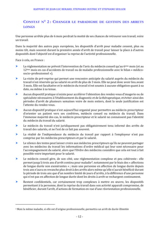 RAPPORT DE JEAN LUC BERARD, STEPHANE OUSTRIC ET STEPHANE SEILLER
- 12 -
CONSTAT N° 2 : CHANGER LE PARADIGME DE GESTION DES ARRETS
LONGS
Une personne arrêtée plus de 6 mois perdrait la moitié de ses chances de retrouver son travail, voire
un travail.
Dans la majorité des autres pays européens, les dispositifs d’arrêt pour maladie cessent, plus ou
moins tôt, mais souvent durant la première année d’arrêt de travail pour laisser la place à d’autres
dispositifs dont l’objectif est d’organiser la reprise de l’activité professionnelle.
Face à cela, en France :
 La réglementation ne prévoit l’intervention de l’avis du médecin conseil qu’au 6ème mois (et au
12ème mois en cas d’accidents de travail ou de maladie professionnelle avec le bilan « médico-
socio–professionnel »).
 La visite de pré-reprise qui permet une rencontre anticipée du salarié auprès du médecin du
travail n’est réservée qu’au salarié en arrêt de plus de 3 mois. Elle ne peut donc avoir lieu avant
3 mois. Elle est facultative et le médecin du travail n’est soumis à aucune obligation quant à sa
date, ou même à sa tenue.
 Aucun dispositif pratique n’existe pour accélérer l’obtention des rendez-vous d’imagerie ou de
spécialiste nécessaires à l’établissement du diagnostic et de la thérapeutique, et éviter ainsi des
périodes d’arrêt de plusieurs semaines voire de mois entiers, dont la seule justification est
l’attente du rendez-vous.
 Aucun dispositif pratique n’est aujourd’hui organisé pour permettre au médecin prescripteur
d’orienter un patient vers ses confrères, médecin conseil ou médecin du travail. Dans
l’immense majorité des cas, le médecin prescripteur et le salarié ne connaissent pas l’identité
du médecin du travail du salarié.
 Le médecin du travail n’est juridiquement pas obligatoirement tenu informé des arrêts de
travail des salariés, et ne l’est de ce fait pas souvent.
 La réalité de l’indépendance du médecin du travail par rapport à l’employeur n’est pas
comprise par les médecins prescripteurs et par le salarié.
 Le silence des textes peut laisser croire aux médecins prescripteurs qu’ils ne peuvent partager
avec les médecins du travail les informations d’ordre médical qui leur sont nécessaire pour
l’accompagnement du salarié, alors que l’Ordre des médecins considère que cela est tout à fait
possible voire important pour le salarié.
 Le médecin conseil gère, de son côté, une réglementation complexe et peu cohérente : elle
permet jusqu’à trois ans d’arrêt continu pour maladie3, notamment par le biais des « affections
de longue durée non exonérantes » ; mais une personne en affection de longue durée depuis
trois ans n’aura en revanche plus droit à des arrêts alors même qu’elle n’aurait bénéficié durant
la période de trois ans que d’un nombre limité de jours d’arrêts, à la différence d’une personne
qui n’est pas en affection de longue durée dont les droits à arrêt se rechargent continument.
 Restent confidentiels, car certainement trop complexes à mettre en œuvre, les dispositifs
permettant à la personne, dont la reprise du travail dans son activité apparaît compromise, de
bénéficier, durant l’arrêt, d’actions de formation en vue d’une réorientation professionnelle.
3 Mais la même maladie, si elle est d’origine professionnelle, permettra un arrêt de durée illimitée
 