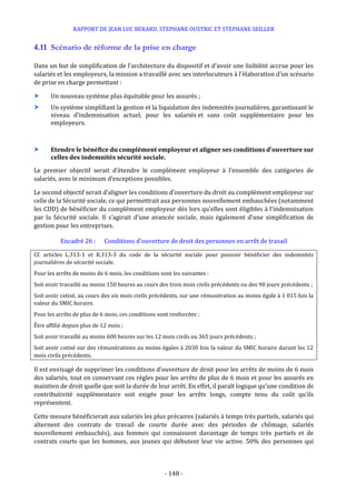 RAPPORT DE JEAN LUC BERARD, STEPHANE OUSTRIC ET STEPHANE SEILLER
- 148 -
4.11 Scénario de réforme de la prise en charge
Dans un but de simplification de l’architecture du dispositif et d’avoir une lisibilité accrue pour les
salariés et les employeurs, la mission a travaillé avec ses interlocuteurs à l’élaboration d’un scénario
de prise en charge permettant :
 Un nouveau système plus équitable pour les assurés ;
 Un système simplifiant la gestion et la liquidation des indemnités journalières, garantissant le
niveau d’indemnisation actuel, pour les salariés et sans coût supplémentaire pour les
employeurs.
 Etendre le bénéfice du complément employeur et aligner ses conditions d’ouverture sur
celles des indemnités sécurité sociale.
Le premier objectif serait d’étendre le complément employeur à l’ensemble des catégories de
salariés, avec le minimum d’exceptions possibles.
Le second objectif serait d’aligner les conditions d’ouverture du droit au complément employeur sur
celle de la Sécurité sociale, ce qui permettrait aux personnes nouvellement embauchées (notamment
les CDD) de bénéficier du complément employeur dès lors qu’elles sont éligibles à l’indemnisation
par la Sécurité sociale. Il s’agirait d’une avancée sociale, mais également d’une simplification de
gestion pour les entreprises.
Encadré 26 : Conditions d'ouverture de droit des personnes en arrêt de travail
Cf. articles L.313-1 et R.313-3 du code de la sécurité sociale pour pouvoir bénéficier des indemnités
journalières de sécurité sociale.
Pour les arrêts de moins de 6 mois, les conditions sont les suivantes :
Soit avoir travaillé au moins 150 heures au cours des trois mois civils précédents ou des 90 jours précédents ;
Soit avoir cotisé, au cours des six mois civils précédents, sur une rémunération au moins égale à 1 015 fois la
valeur du SMIC horaire.
Pour les arrêts de plus de 6 mois, ces conditions sont renforcées :
Être affilié depuis plus de 12 mois ;
Soit avoir travaillé au moins 600 heures sur les 12 mois civils ou 365 jours précédents ;
Soit avoir cotisé sur des rémunérations au moins égales à 2030 fois la valeur du SMIC horaire durant les 12
mois civils précédents.
Il est envisagé de supprimer les conditions d’ouverture de droit pour les arrêts de moins de 6 mois
des salariés, tout en conservant ces règles pour les arrêts de plus de 6 mois et pour les assurés en
maintien de droit quelle que soit la durée de leur arrêt. En effet, il paraît logique qu’une condition de
contributivité supplémentaire soit exigée pour les arrêts longs, compte tenu du coût qu’ils
représentent.
Cette mesure bénéficierait aux salariés les plus précaires (salariés à temps très partiels, salariés qui
alternent des contrats de travail de courte durée avec des périodes de chômage, salariés
nouvellement embauchés), aux femmes qui connaissent davantage de temps très partiels et de
contrats courts que les hommes, aux jeunes qui débutent leur vie active. 50% des personnes qui
 