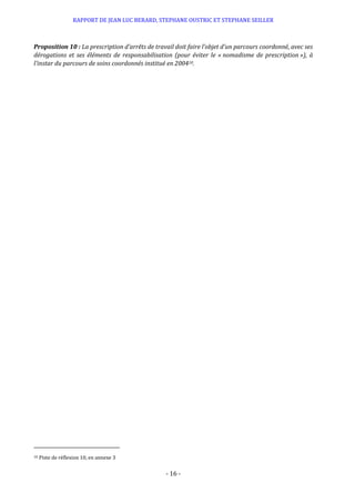 RAPPORT DE JEAN LUC BERARD, STEPHANE OUSTRIC ET STEPHANE SEILLER
- 16 -
Proposition 10 : La prescription d’arrêts de travail doit faire l’objet d’un parcours coordonné, avec ses
dérogations et ses éléments de responsabilisation (pour éviter le « nomadisme de prescription »), à
l’instar du parcours de soins coordonnés institué en 200410.
10 Piste de réflexion 10, en annexe 3
 