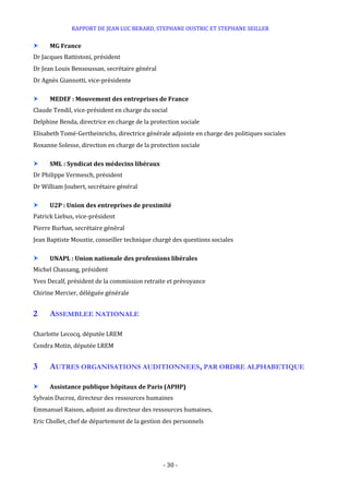 RAPPORT DE JEAN LUC BERARD, STEPHANE OUSTRIC ET STEPHANE SEILLER
- 30 -
 MG France
Dr Jacques Battistoni, président
Dr Jean Louis Bensoussan, secrétaire général
Dr Agnès Giannotti, vice-présidente
 MEDEF : Mouvement des entreprises de France
Claude Tendil, vice-président en charge du social
Delphine Benda, directrice en charge de la protection sociale
Elisabeth Tomé-Gertheinrichs, directrice générale adjointe en charge des politiques sociales
Roxanne Solesse, direction en charge de la protection sociale
 SML : Syndicat des médecins libéraux
Dr Philippe Vermesch, président
Dr William Joubert, secrétaire général
 U2P : Union des entreprises de proximité
Patrick Liebus, vice-président
Pierre Burban, secrétaire général
Jean Baptiste Moustie, conseiller technique chargé des questions sociales
 UNAPL : Union nationale des professions libérales
Michel Chassang, président
Yves Decalf, président de la commission retraite et prévoyance
Chirine Mercier, déléguée générale
2 ASSEMBLEE NATIONALE
Charlotte Lecocq, députée LREM
Cendra Motin, députée LREM
3 AUTRES ORGANISATIONS AUDITIONNEES, PAR ORDRE ALPHABETIQUE
 Assistance publique hôpitaux de Paris (APHP)
Sylvain Ducroz, directeur des ressources humaines
Emmanuel Raison, adjoint au directeur des ressources humaines,
Eric Chollet, chef de département de la gestion des personnels
 