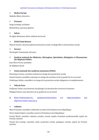 RAPPORT DE JEAN LUC BERARD, STEPHANE OUSTRIC ET STEPHANE SEILLER
- 32 -
 Medica Europe
Nathalie Albert, directrice
 Presance
Serge Lesimple, président
Martial Brun, directeur général
 Safran
Dr Agnès Martineau Arbes, médecin du travail
 SCIACI Saint Honoré
Thierry Vachier, directeur général protection sociale, stratégie RH et rémunération sociale
 Securex
Christophe Toulemonde, directeur
 Syndicat national des Médecins, Chirurgiens, Spécialistes, Biologistes et Pharmaciens
des Hôpitaux Publics
Jean Pierre Pruvo, président
Dr Stéphane David
 Union nationale des syndicats autonomes (UNSA)
Dominique Corona, secrétaire national en charge de la protection sociale
Annick Fayard, conseillère nationale en charge des retraites et de la qualité de vie au travail
Frédérique Galliat, conseillère en charge de la protection sociale obligatoire et complémentaire
 Ville de Paris
Guillaume Tinlot, sous-directeur du pilotage à la direction des ressources humaines
Philippe Vizerie, sous-directeur de la qualité de vie au travail
4 GOUVERNEMENT, ADMINISTRATIONS ET ORGANISMES DE
PROTECTION SOCIALE
 Cabinets
Marie Fontanel, conseillère solidarités et santé à la Présidence de la République
Pierre-André Imbert, conseiller social à la Présidence de la République
Franck Morel, conseiller relations sociales, travail, emploi, formation professionnelle auprès du
Premier ministre
Franck Von Lennep, conseiller santé, protection sociale, politiques sociales auprès du Premier
ministre
 