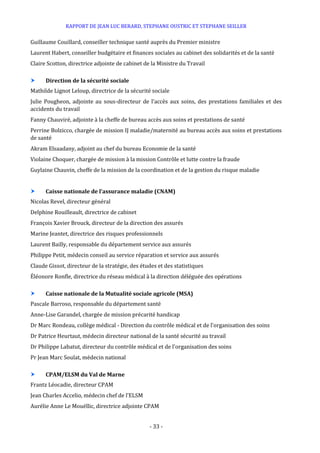 RAPPORT DE JEAN LUC BERARD, STEPHANE OUSTRIC ET STEPHANE SEILLER
- 33 -
Guillaume Couillard, conseiller technique santé auprès du Premier ministre
Laurent Habert, conseiller budgétaire et finances sociales au cabinet des solidarités et de la santé
Claire Scotton, directrice adjointe de cabinet de la Ministre du Travail
 Direction de la sécurité sociale
Mathilde Lignot Leloup, directrice de la sécurité sociale
Julie Pougheon, adjointe au sous-directeur de l’accès aux soins, des prestations familiales et des
accidents du travail
Fanny Chauviré, adjointe à la cheffe de bureau accès aux soins et prestations de santé
Perrine Bolzicco, chargée de mission IJ maladie/maternité au bureau accès aux soins et prestations
de santé
Akram Elsaadany, adjoint au chef du bureau Economie de la santé
Violaine Choquer, chargée de mission à la mission Contrôle et lutte contre la fraude
Guylaine Chauvin, cheffe de la mission de la coordination et de la gestion du risque maladie
 Caisse nationale de l’assurance maladie (CNAM)
Nicolas Revel, directeur général
Delphine Rouilleault, directrice de cabinet
François Xavier Brouck, directeur de la direction des assurés
Marine Jeantet, directrice des risques professionnels
Laurent Bailly, responsable du département service aux assurés
Philippe Petit, médecin conseil au service réparation et service aux assurés
Claude Gissot, directeur de la stratégie, des études et des statistiques
Éléonore Ronfle, directrice du réseau médical à la direction déléguée des opérations
 Caisse nationale de la Mutualité sociale agricole (MSA)
Pascale Barroso, responsable du département santé
Anne-Lise Garandel, chargée de mission précarité handicap
Dr Marc Rondeau, collège médical - Direction du contrôle médical et de l'organisation des soins
Dr Patrice Heurtaut, médecin directeur national de la santé sécurité au travail
Dr Philippe Labatut, directeur du contrôle médical et de l'organisation des soins
Pr Jean Marc Soulat, médecin national
 CPAM/ELSM du Val de Marne
Frantz Léocadie, directeur CPAM
Jean Charles Accelio, médecin chef de l’ELSM
Aurélie Anne Le Mouëllic, directrice adjointe CPAM
 