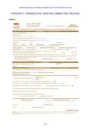RAPPORT DE JEAN LUC BERARD, STEPHANE OUSTRIC ET STEPHANE SEILLER
- 37 -
ANNEXE 1 : MODELE DU NOUVEL ARRET DE TRAVAIL
VOLET 1
 