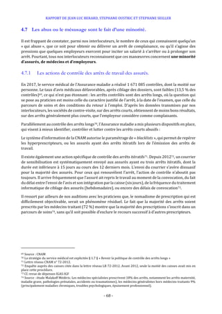 RAPPORT DE JEAN LUC BERARD, STEPHANE OUSTRIC ET STEPHANE SEILLER
- 68 -
4.7 Les abus ou le mésusage sont le fait d’une minorité.
Il est frappant de constater, parmi nos interlocuteurs, le nombre de ceux qui connaissent quelqu’un
« qui abuse », que ce soit pour obtenir ou délivrer un arrêt de complaisance, ou qu’il s’agisse des
pressions que quelques employeurs exercent pour inciter un salarié à s’arrêter ou à prolonger son
arrêt. Pourtant, tous nos interlocuteurs reconnaissent que ces manœuvres concernent une minorité
d’assurés, de médecins et d’employeurs.
4.7.1 Les actions de contrôle des arrêts de travail des assurés.
En 2017, le service médical de l’Assurance maladie a réalisé 1 671 085 contrôles, dont la moitié sur
personne. Le taux d’avis médicaux défavorables, après ciblage des dossiers, sont faibles (13,5 % des
contrôles)69, ce qui n’est pas étonnant : les arrêts contrôlés sont des arrêts longs, où la question qui
se pose au praticien est moins celle du caractère justifié de l’arrêt, à la date de l’examen, que celle du
parcours de soins et des conditions du retour à l’emploi. D’après les données transmises par nos
interlocuteurs, les sociétés de contre-visite, sur des arrêts courts, obtiennent de moins bons résultats,
sur des arrêts généralement plus courts, que l’employeur considère comme complaisants.
Parallèlement au contrôle des arrêts longs70, l’Assurance maladie a mis plusieurs dispositifs en place,
qui visent à mieux identifier, contrôler et lutter contre les arrêts courts abusifs :
Le système d’information de la CNAM autorise le paramétrage de « blacklists », qui permet de repérer
les hyperprescripteurs, ou les assurés ayant des arrêts itératifs lors de l’émission des arrêts de
travail.
Il existe également une action spécifique de contrôle des arrêts itératifs71. Depuis 201272, un courrier
de sensibilisation est systématiquement envoyé aux assurés ayant eu trois arrêts itératifs, dont la
durée est inférieure à 15 jours au cours des 12 derniers mois. L’envoi du courrier s’avère dissuasif
pour la majorité des assurés. Pour ceux qui renouvèlent l’arrêt, l’action de contrôle n’aboutit pas
toujours. Il arrive fréquemment que l’assuré ait repris le travail au moment de la convocation, du fait
du délai entre l’envoi de l’avis et son intégration par la caisse (six jours), de la fréquence du traitement
informatique de ciblage des assurés (hebdomadaire), ou encore des délais de convocation73.
Il ressort par ailleurs de nos auditions avec les praticiens que, le nomadisme de prescription qui est
difficilement objectivable, serait un phénomène résiduel. Le fait que la majorité des arrêts soient
prescrits par les médecins traitant (72 %) montre que la majorité des prescriptions s’inscrit dans un
parcours de soins74, sans qu’il soit possible d’exclure le recours successif à d’autres prescripteurs.
69 Source : CNAM
70 La stratégie du service médical est explicitée § 1.7 § « Revoir la politique de contrôle des arrêts longs »
71 Lettre réseau CNAM n° 72-2012.
72 Enquête auprès des caisses citée dans la lettre réseau LR 72-2012. Avant 2012, seule la moitié des caisses avait mis en
place cette procédure.
73 Cf. revue de dépenses IGAS-IGF
74 Source : étude Malakoff Médéric. Les médecins spécialistes prescrivent 18% des arrêts, notamment les arrêts maternité,
maladie grave, pathologies prénatales, accidents ou traumatismes), les médecins généralistes hors médecins traitants 9%
(principalement maladies chroniques, troubles psychologiques, épuisement professionnel).
 