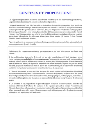 RAPPORT DE JEAN LUC BERARD, STEPHANE OUSTRIC ET STEPHANE SEILLER
- 9 -
CONSTATS ET PROPOSITIONS
Les rapporteurs présentent ci-dessous les différents constats qu’ils ont pu dresser et, pour chacun,
les propositions d’action qu’ils pensent souhaitables et possibles.
L’objet de la mission n’a pas été d’instruire en profondeur chacune des propositions dans les détails
de sa mise en œuvre technique. La mission s’est attachée surtout à s’assurer de leur pertinence et de
leur acceptabilité. Eu égard aux délais contraints, il n’a pas été possible d’établir des chiffrages précis
de leur impact financier ; pour autant, l’essentiel des différentes mesures proposées, si elles étaient
retenues et qu’elles devenaient une priorité pour les différents intervenants du système, ont vocation
à contribuer à la maîtrise des dépenses, à l’exception d’une mesure (cf. constat 7) dont l’impact
financier sera à évaluer précisément.
Figurent également en annexe un certain nombre de propositions plus ponctuelles, qui se rattachent
ou non aux constats dressés ci-après.
Globalement, les rapporteurs souhaitent que soient perçus les trois principes qui ont fondé leur
travail :
1. La problématique des arrêts de travail est un sujet « systémique » : il doit s’analyser et se
comprendre dans sa globalité et selon un continuum d’actions ou de parcours : de la rencontre d’une
personne salariée avec un médecin prescripteur, en passant par l’ accompagnement du salarié en arrêt
vers la reprise du travail, les efforts de prévention des arrêts évitables, aujourd’hui plus ou moins
existants, jusqu’aux modalités de mise en œuvre des indemnisations par les organismes de sécurité
sociale, les entreprises et les organismes complémentaires ou de prévoyance.
2. Tel ou tel intervenant ne peut être tenu, aux yeux des autres, comme seul responsable des défauts
de fonctionnement du système. La soutenabilité et l’évolution du système d’indemnisation des arrêts
de travail pour l’adapter aux évolutions de la société, démographiques, technologiques, culturelles…
nécessiteront l’acceptation par chacun de sa responsabilité et la bonne compréhension de celles des
autres.
3. Les constats et les propositions du présent rapport cherchent en conséquence à apporter de
manière cohérente et structurée des analyses et des réponses prenant en compte l’ensemble des
éléments du système : rôles des intervenants, informations échangées, règles appliquées... et à veiller
à fixer les grands axes et les points clés structurants, mais à laisser ouverts les degrés et les marges
nécessaires à la négociation et à la décision.
 