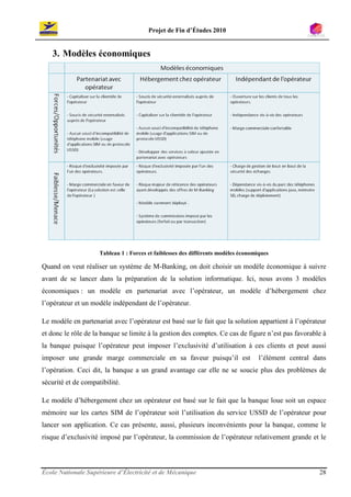 Projet de Fin d’Études 2010


   3. Modèles économiques




                     Tableau 1 : Forces et faiblesses des différents modèles économiques

Quand on veut réaliser un système de M-Banking, on doit choisir un modèle économique à suivre
avant de se lancer dans la préparation de la solution informatique. Ici, nous avons 3 modèles
économiques : un modèle en partenariat avec l’opérateur, un modèle d’hébergement chez
l’opérateur et un modèle indépendant de l’opérateur.

Le modèle en partenariat avec l’opérateur est basé sur le fait que la solution appartient à l’opérateur
et donc le rôle de la banque se limite à la gestion des comptes. Ce cas de figure n’est pas favorable à
la banque puisque l’opérateur peut imposer l’exclusivité d’utilisation à ces clients et peut aussi
imposer une grande marge commerciale en sa faveur puisqu’il est                     l’élément central dans
l’opération. Ceci dit, la banque a un grand avantage car elle ne se soucie plus des problèmes de
sécurité et de compatibilité.

Le modèle d’hébergement chez un opérateur est basé sur le fait que la banque loue soit un espace
mémoire sur les cartes SIM de l’opérateur soit l’utilisation du service USSD de l’opérateur pour
lancer son application. Ce cas présente, aussi, plusieurs inconvénients pour la banque, comme le
risque d’exclusivité imposé par l’opérateur, la commission de l’opérateur relativement grande et le



École Nationale Supérieure d’Électricité et de Mécanique                                               28
 