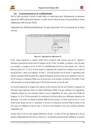 Projet de Fin d’Études 2010


   3.4.      Contournement de la confidentialité
Seul le trafic qui passe à travers le canal radio est crypté parce que, théoriquement, un attaquant
équipé d'un IMSI-catcher peut l'écouter. Le trafic entre la station de base et les passerelles au réseau
téléphonique câblé n'est pas chiffré.

L'algorithme de chiffrement/déchiffrement A5 (plus précisément A5/1) est présenté par la figure
suivante :




                                 Figure 10 : Algorithme de chiffrement A5

Cette figure représente le registre LSFR (linear feedback shift register) qui est le registre à
décalage à rétroaction linéaire dont la longueur est de 19 bits. Au début, ce registre a une clé (dans
cet exemple, sa longueur est de 19 bits). Le déchiffrement d’un bit se fait comme suit : dans la
boucle, les bits 12, 17, 18 et 19 sont soumis à l’opération OU exclusif et le résultat est mis dans le
bit de position 1 après avoir déplacé les bits 1...18 d’une position vers la droite. L’algorithme peut
utiliser ce produit XOR de quatre bits, appelé rétroaction, comme bit-clé ou bit supérieur. Cette clé-
bit est soumise à l’opération XOR avec un bit de texte, et en résultat, on obtient le bit chiffré. Toute
cette procédure est ensuite répétée pour le bit de texte suivant, et ainsi de suite.

La sécurité dépend de la longueur du registre et des positions des bits qui forment la séquence de
dérivation (tap sequence). Mais un simple chiffrement LSFR n’est pas suffisant. Les algorithmes
modernes utilisent les non linéarités. Dans le cas de l’algorithme A5, nous avons trois LFSRs de
longueur 19, 22 et 23 bits (ensemble, ils constituent la clé de 64 bits) avec différentes séquences de
dérivation. A la sortie, on obtient le produit XOR des bits moyens. Le bit de seuil est mis à 1, si au
moins un bit moyen est mis à 1, autrement, il est mis à 0. Chacun de ces trois LFSR est traité, si son
bit moyen est différent du bit de seuil. C’est de la non linéarité et tout cela constitue justement
l’algorithme A5.

En plus clair, le A5 est aussi appelé chiffrement de flux : la trame de bits qui dépend de la clé est
générée indépendamment du texte en clair (p. ex. les données qui doivent être chiffrées), et soumise


École Nationale Supérieure d’Électricité et de Mécanique                                             43
 