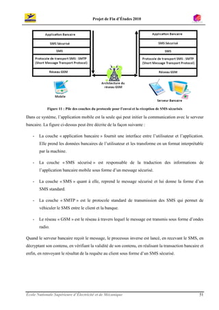 Projet de Fin d’Études 2010




            Figure 11 : Pile des couches du protocole pour l’envoi et la réception de SMS sécurisés

Dans ce système, l’application mobile est la seule qui peut initier la communication avec le serveur
bancaire. La figure ci-dessus peut être décrite de la façon suivante :

   -   La couche « application bancaire » fournit une interface entre l’utilisateur et l’application.
       Elle prend les données bancaires de l’utilisateur et les transforme en un format interprétable
       par la machine.

   -   La couche « SMS sécurisé » est responsable de la traduction des informations de
       l’application bancaire mobile sous forme d’un message sécurisé.

   -   La couche « SMS » quant à elle, reprend le message sécurisé et lui donne la forme d’un
       SMS standard.

   -   La couche « SMTP » est le protocole standard de transmission des SMS qui permet de
       véhiculer le SMS entre le client et la banque.

   -   Le réseau « GSM » est le réseau à travers lequel le message est transmis sous forme d’ondes
       radio.

Quand le serveur bancaire reçoit le message, le processus inverse est lancé, en recevant le SMS, en
décryptant son contenu, en vérifiant la validité de son contenu, en réalisant la transaction bancaire et
enfin, en renvoyant le résultat de la requête au client sous forme d’un SMS sécurisé.




École Nationale Supérieure d’Électricité et de Mécanique                                              51
 