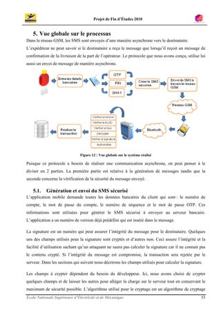 Projet de Fin d’Études 2010


   5. Vue globale sur le processus
Dans le réseau GSM, les SMS sont envoyés d’une manière asynchrone vers le destinataire.
L’expéditeur ne peut savoir si le destinataire a reçu le message que lorsqu’il reçoit un message de
confirmation de la livraison de la part de l’opérateur. Le protocole que nous avons conçu, utilise lui
aussi un envoi de message de manière asynchrone.




                               Figure 12 : Vue globale sur le système réalisé

Puisque ce protocole a besoin de réaliser une communication asynchrone, on peut penser à le
diviser en 2 parties. La première partie est relative à la génération de messages tandis que la
seconde concerne la vérification de la sécurité du message envoyé.

   5.1.    Génération et envoi du SMS sécurisé
L’application mobile demande toutes les données bancaires du client qui sont : le numéro de
compte, le mot de passe du compte, le numéro de séquence et le mot de passe OTP. Ces
informations sont utilisées pour générer le SMS sécurisé à envoyer au serveur bancaire.
L’application a un numéro de version déjà prédéfini qui est inséré dans le message.

La signature est un numéro qui peut assurer l’intégrité du message pour le destinataire. Quelques
uns des champs utilisés pour la signature sont cryptés et d’autres non. Ceci assure l’intégrité et la
facilité d’utilisation sachant qu’un attaquant ne saura pas calculer la signature car il ne connait pas
le contenu crypté. Si l’intégrité du message est compromise, la transaction sera rejetée par le
serveur. Dans les sections qui suivent nous décrirons les champs utilisés pour calculer la signature.

Les champs à crypter dépendent du besoin du développeur. Ici, nous avons choisi de crypter
quelques champs et de laisser les autres pour alléger la charge sur le serveur tout en conservant le
maximum de sécurité possible. L’algorithme utilisé pour le cryptage est un algorithme de cryptage
École Nationale Supérieure d’Électricité et de Mécanique                                            53
 