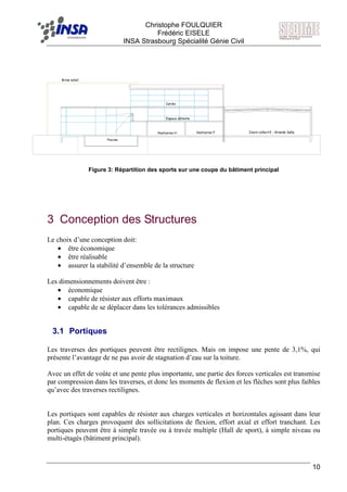 F Christophe FOULQUIER
Frédéric EISELE
INSA Strasbourg Spécialité Génie Civil
10
Vestiaires F Cours collectif - Grande Salle
Cardio
Vestiaires H
Piscine
Espace détente
Brise soleil
Figure 3: Répartition des sports sur une coupe du bâtiment principal
3 Conception des Structures
Le choix d’une conception doit:
• être économique
• être réalisable
• assurer la stabilité d’ensemble de la structure
Les dimensionnements doivent être :
• économique
• capable de résister aux efforts maximaux
• capable de se déplacer dans les tolérances admissibles
3.1 Portiques
Les traverses des portiques peuvent être rectilignes. Mais on impose une pente de 3,1%, qui
présente l’avantage de ne pas avoir de stagnation d’eau sur la toiture.
Avec un effet de voûte et une pente plus importante, une partie des forces verticales est transmise
par compression dans les traverses, et donc les moments de flexion et les flèches sont plus faibles
qu’avec des traverses rectilignes.
Les portiques sont capables de résister aux charges verticales et horizontales agissant dans leur
plan. Ces charges provoquent des sollicitations de flexion, effort axial et effort tranchant. Les
portiques peuvent être à simple travée ou à travée multiple (Hall de sport), à simple niveau ou
multi-étagés (bâtiment principal).
 