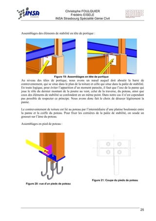 F Christophe FOULQUIER
Frédéric EISELE
INSA Strasbourg Spécialité Génie Civil
25
Assemblages des éléments de stabilité en tête de portique :
Au niveau des têtes de portique, nous avons un nœud auquel doit aboutir la barre de
contreventement, qui se situe dans le plan de la toiture et celle qui situe dans la palée de stabilité.
En toute logique, pour éviter l’apparition d’un moment parasite, il faut que l’axe de la panne qui
joue le rôle du dernier montant de la poutre au vent, celui de la traverse, du poteau, ainsi que
ceux des éléments de stabilité se confondent en un même point. Dans notre cas il n’est cependant
pas possible de respecter ce principe. Nous avons donc fait le choix de désaxer légèrement la
panne.
Le contreventement de toiture est lié au poteau par l’intermédiaire d’une platine boulonnée entre
la panne et la coiffe du poteau. Pour fixer les cornières de la palée de stabilité, on soude un
gousset sur l’âme du poteau.
Assemblages en pied de poteau :
Figure 19: Assemblages en tête de portique
Figure 20: vue d’un pieds de poteau
Figure 21: Coupe du pieds de poteau
 