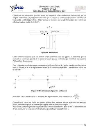 F Christophe FOULQUIER
Frédéric EISELE
INSA Strasbourg Spécialité Génie Civil
70
Cependant une alternative possible serait de remplacer cette disposition constructive par de
simples raidisseurs. On peut alors considérer que la section au niveau des raidisseurs constitue un
bloc rigide. L’effort équivalent à 0,02.F exerce un moment qui se redistribue dans les boulons en
effort de traction égal à (0,02.F.h)/e.
0,02 F
h
e
(0,02 F.h)/e (0,02 F.h)/e
0,02 F
Figure 58: Raidisseurs
Cette solution nécessite que les pannes soient continues sur les appuis, et demande que le
moment au centre de gravité de la panne n’ajoute pas de contrainte qui remettrait en question
l’échantillon dimensionné.
Pour valider cette solution, nous avons déterminé le coefficient de rigidité k qui donne la relation
entre la force 0,02.F et le déplacement latéral de la semelle comprimée. Le modèle de calcul est
le suivant :
0,02 F
L L
h
I
8
Ip Ip
Figure 59: Modèle de calcul pour les raidisseurs
Suite à un calcul effectué avec la méthode des déplacements, nous obtenons :
Lh
IE
k
p
.
..6
2
=
Ce modèle de calcul est limité aux pannes posées dans les deux travées adjacentes au portique
étudié, ce qui nous place en sécurité par rapport à un modèle plus complet.
Nous avons donc intégré dans ce projet cette solution constructive pour éviter le phénomène de
déversement, sur la base des calculs effectués pour aboutir au coefficient k.
`
 