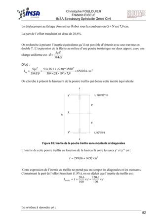 F Christophe FOULQUIER
Frédéric EISELE
INSA Strasbourg Spécialité Génie Civil
82
Le déplacement au faîtage observé sur Robot sous la combinaison G + N est 7,9 cm.
La part de l’effort tranchant est donc de 20,6%.
On recherche à présent l’inertie équivalente qu’il est possible d’obtenir avec une traverse en
double T. L’expression de la flèche au milieu d’une poutre isostatique sur deux appuis, avec une
charge uniforme est :
EI
qL
384
5 4
=δ
D’où :
656024
9,71021384
3500*)0,297,26(5
384
5
6
44
=
×××
+×
==
δE
qL
Ieq
4
cm
On cherche à présent la hauteur h de la poutre treillis qui donne cette inertie équivalente.
L 90*70*8
L 120*80*10y'
y''
z
z
y
d''
d'
h
Figure 65: Inertie de la poutre treillis sans montants ni diagonales
L’inertie de cette poutre treillis en fonction de la hauteur h entre les axes y’ et y’’ est :
2
92,1406,299 hI ×+=
Cette expression de l’inertie du treillis ne prend pas en compte les diagonales et les montants.
Connaissant la part de l’effort tranchant (1,9%), on en déduit que l’inertie du treillis est :
IIIItreillis ×=×+=
100
6,120
100
6,20
Le système à résoudre est :
 