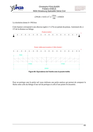 F Christophe FOULQUIER
Frédéric EISELE
INSA Strasbourg Spécialité Génie Civil
83
656024
100
6,120
)92,1406,299( 2
=××+ h
La résolution donne h=190,9cm
Cette hauteur correspond à une abscisse égale à 11,27m en partant du poteau. Autrement dit, à
2/5 de la distance au faîtage.
7490
17500 17500
35000
Poutre à inertie I
q
q
Poutre treillis avec la section à 7,49m d'inertie I
Figure 66: Equivalence de l'inertie avec la poutre treillis
Pour un portique sans la petite nef, nous réalisons une petite analyse qui permet de comparer la
flèche entre celle du faîtage d’une nef de portique et celle d’une poutre bi-encastrée.
 