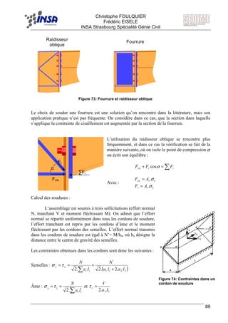 F Christophe FOULQUIER
Frédéric EISELE
INSA Strasbourg Spécialité Génie Civil
89
Le choix de souder une fourrure est une solution qu’on rencontre dans la littérature, mais son
application pratique n’est pas fréquente. On considère dans ce cas, que la section dans laquelle
s’applique la contrainte de cisaillement est augmentée par la section de la fourrure.
L’utilisation du raidisseur oblique se rencontre plus
fréquemment, et dans ce cas la vérification se fait de la
manière suivante, où on isole le point de compression et
on écrit son équilibre :
∑=+ ircis FFF αcos
Avec :
err
evcis
AF
AF
σ
σ
.
.
=
=
Calcul des soudures :
L’assemblage est soumis à trois sollicitations (effort normal
N, tranchant V et moment fléchissant M). On admet que l’effort
normal se répartit uniformément dans tous les cordons de soudure,
l’effort tranchant est repris par les cordons d’âme et le moment
fléchissant par les cordons des semelles. L’effort normal transmis
dans les cordons de soudure est égal à N’= M/ha, où ha désigne la
distance entre le centre de gravité des semelles.
Les contraintes obtenues dans les cordons sont donc les suivantes :
Semelles :
( )2211
'
..2..2..2 lala
N
la
N
ii +
+==
∑
⊥⊥ τσ
Âme :
∑
== ⊥⊥
ii la
N
..2
τσ et
33
//
..2 la
V
=τ
FourrureRaidisseur
oblique
∑Fi
Fr
α
Fcis
Figure 73: Fourrure et raidisseur oblique
Figure 74: Contraintes dans un
cordon de soudure
 
