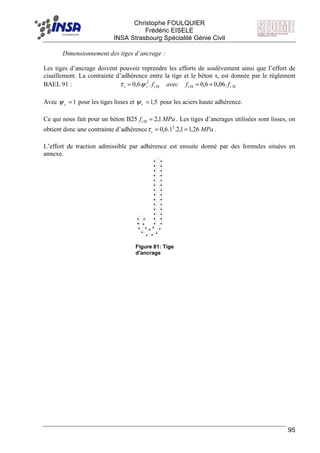 F Christophe FOULQUIER
Frédéric EISELE
INSA Strasbourg Spécialité Génie Civil
95
Dimensionnement des tiges d’ancrage :
Les tiges d’ancrage doivent pouvoir reprendre les efforts de soulèvement ainsi que l’effort de
cisaillement. La contrainte d’adhérence entre la tige et le béton τs est donnée par le règlement
BAEL 91 : 282828
2
.06,06,0..6,0 cttss ffavecf +== ψτ
Avec 1=sψ pour les tiges lisses et 5,1=sψ pour les aciers haute adhérence.
Ce qui nous fait pour un béton B25 MPaft 1,228 = . Les tiges d’ancrages utilisées sont lisses, on
obtient donc une contrainte d’adhérence MPas 26,11,2.1.6,0 2
==τ .
L’effort de traction admissible par adhérence est ensuite donné par des formules situées en
annexe.
Figure 81: Tige
d'ancrage
 