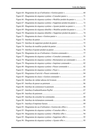 Liste des figures
Figure 64 : Diagramme de cas d’utilisation « Gestion panier ». .................................... 68
Figure 65 : Diagramme de séquence système « Consulter panier ». .............................. 71
Figure 66 : Diagramme de séquence système « Modifier produit du panier »............... 71
Figure 67 : Diagramme de séquence système « Supprimer produit du panier ». ........... 72
Figure 68 : Diagramme de séquence système « Ajouter produit au panier ». ................ 72
Figure 69 : Diagramme de séquence détaillée « Modifier produit du panier ». ............. 73
Figure 70 : Diagramme de séquence détaillée « Supprimer produit du panier »............ 74
Figure 71 : Diagramme de classe « Gestion panier ». .................................................... 74
Figure 72 : Interface de panier........................................................................................ 75
Figure 73 : Interface de supprimer produit du panier. .................................................... 75
Figure 74 : Interface de modifier produit du panier........................................................ 76
Figure 75 : Interface d’ajouter produit au panier............................................................ 76
Figure 76 : Diagramme de cas d’utilisation « Gestion commande ».............................. 77
Figure 77 : Diagramme de séquence système « Consulter commande »........................ 81
Figure 78 : Diagramme de séquence système « Réclamation sur commande »............. 81
Figure 79 : Diagramme de séquence système « Imprimer commande ». ....................... 82
Figure 80 : Diagramme de séquence système « Passer commande »............................. 82
Figure 81 : Diagramme de séquence système « Payer »................................................. 83
Figure 82 : Diagramme d’activité « Passer commande ». .............................................. 84
Figure 83 : Diagramme de classe « Gestion commande ».............................................. 85
Figure 84 : Interface de valider adresse de livraison. ..................................................... 85
Figure 85 : Interface de passer au paiement. .................................................................. 86
Figure 86 : Interface de commencer le paiement............................................................ 86
Figure 87 : Interface d’authentification PayPal. ............................................................. 87
Figure 88 : Interface de paiement. .................................................................................. 87
Figure 89 : Interface de consulter les commandes.......................................................... 88
Figure 90 : Interface de réclamation commande............................................................. 88
Figure 91 : Interface d’imprimer facture. ....................................................................... 89
Figure 92 : Diagramme de cas d’utilisation « Gestion des offres »................................ 91
Figure 93 : Diagramme de séquence système « Consulter offre ». ................................ 94
Figure 94 : Diagramme de séquence système « Modifier offre »................................... 94
Figure 95 : Diagramme de séquence système « Supprimer offre »................................ 95
Figure 96 : Diagramme de séquence système « Ajouter offre »..................................... 95
 