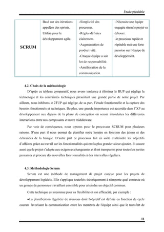Étude préalable
11
SCRUM
Basé sur des itérations
appelées des sprints.
Utilisé pour le
développement agile.
-Simplicité des
processus.
-Règles définies
clairement.
-Augmentation de
productivité.
-Chaque équipe a son
lot de responsabilité.
-Amélioration de la
communication.
- Nécessite une équipe
engagée sinon le projet va
échouer.
-le processus rapide et
répétable met une forte
pression sur l’équipe de
développement.
4.2. Choix de la méthodologie
D’après ce tableau comparatif, nous avons tendance à éliminer le RUP qui néglige la
technologie et les contraintes techniques présentant une grande partie de notre projet. Par
ailleurs, nous inhibons le 2TUP qui néglige, de sa part, l’étude fonctionnelle et la capture des
besoins fonctionnels et techniques. De plus, une grande importance est accordée dans l’XP au
développement aux dépens de la phase de conception où seront introduites les différentes
interactions entre nos composants et notre middleware.
Par voie de conséquence, nous optons pour le processus SCRUM pour plusieurs
raisons. D’une part il nous permet de planifier notre horaire en fonction des jalons et des
échéances de la banque. D’autre part ce processus fait en sorte d’atteindre les objectifs
d’affaires grâce au travail sur les fonctionnalités qui ont la plus grande valeur ajoutée. Et assure
aussi que le projet s’adapte aux exigences changeantes et il est transparent pour toutes les parties
prenantes et procure des nouvelles fonctionnalités à des intervalles réguliers.
4.3. Méthodologie Scrum
Scrum est une méthode de management de projet conçue pour les projets de
développement logiciels. Elle s'applique toutefois théoriquement à n'importe quel contexte où
un groupe de personnes travaillant ensemble pour atteindre un objectif commun.
Cette technique est reconnue pour sa flexibilité et son efficacité, par exemple :
La planification régulière de réunions dont l'objectif est définie en fonction du cycle
courant favorisant la communication entre les membres de l'équipe ainsi que le transfert de
 
