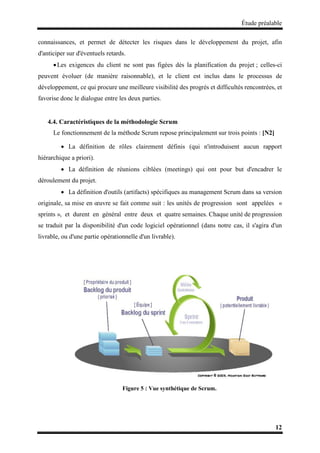 Étude préalable
12
connaissances, et permet de détecter les risques dans le développement du projet, afin
d'anticiper sur d'éventuels retards.
Les exigences du client ne sont pas figées dès la planification du projet ; celles-ci
peuvent évoluer (de manière raisonnable), et le client est inclus dans le processus de
développement, ce qui procure une meilleure visibilité des progrès et difficultés rencontrées, et
favorise donc le dialogue entre les deux parties.
4.4. Caractéristiques de la méthodologie Scrum
Le fonctionnement de la méthode Scrum repose principalement sur trois points : [N2]
 La définition de rôles clairement définis (qui n'introduisent aucun rapport
hiérarchique a priori).
 La définition de réunions ciblées (meetings) qui ont pour but d'encadrer le
déroulement du projet.
 La définition d'outils (artifacts) spécifiques au management Scrum dans sa version
originale, sa mise en œuvre se fait comme suit : les unités de progression sont appelées «
sprints », et durent en général entre deux et quatre semaines. Chaque unité de progression
se traduit par la disponibilité d'un code logiciel opérationnel (dans notre cas, il s'agira d'un
livrable, ou d'une partie opérationnelle d'un livrable).
Figure 5 : Vue synthétique de Scrum.
 