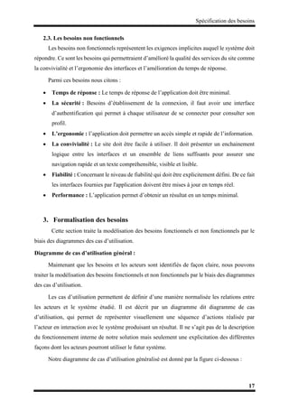 Spécification des besoins
17
2.3. Les besoins non fonctionnels
Les besoins non fonctionnels représentent les exigences implicites auquel le système doit
répondre. Ce sont les besoins qui permettraient d’amélioré la qualité des services du site comme
la convivialité et l’ergonomie des interfaces et l’amélioration du temps de réponse.
Parmi ces besoins nous citons :
 Temps de réponse : Le temps de réponse de l’application doit être minimal.
 La sécurité : Besoins d’établissement de la connexion, il faut avoir une interface
d’authentification qui permet à chaque utilisateur de se connecter pour consulter son
profil.
 L’ergonomie : l’application doit permettre un accès simple et rapide de l’information.
 La convivialité : Le site doit être facile à utiliser. Il doit présenter un enchainement
logique entre les interfaces et un ensemble de liens suffisants pour assurer une
navigation rapide et un texte compréhensible, visible et lisible.
 Fiabilité : Concernant le niveau de fiabilité qui doit être explicitement défini. De ce fait
les interfaces fournies par l'application doivent être mises à jour en temps réel.
 Performance : L’application permet d’obtenir un résultat en un temps minimal.
3. Formalisation des besoins
Cette section traite la modélisation des besoins fonctionnels et non fonctionnels par le
biais des diagrammes des cas d’utilisation.
Diagramme de cas d’utilisation général :
Maintenant que les besoins et les acteurs sont identifiés de façon claire, nous pouvons
traiter la modélisation des besoins fonctionnels et non fonctionnels par le biais des diagrammes
des cas d’utilisation.
Les cas d’utilisation permettent de définir d’une manière normalisée les relations entre
les acteurs et le système étudié. Il est décrit par un diagramme dit diagramme de cas
d’utilisation, qui permet de représenter visuellement une séquence d’actions réalisée par
l’acteur en interaction avec le système produisant un résultat. Il ne s’agit pas de la description
du fonctionnement interne de notre solution mais seulement une explicitation des différentes
façons dont les acteurs pourront utiliser le futur système.
Notre diagramme de cas d’utilisation généralisé est donné par la figure ci-dessous :
 