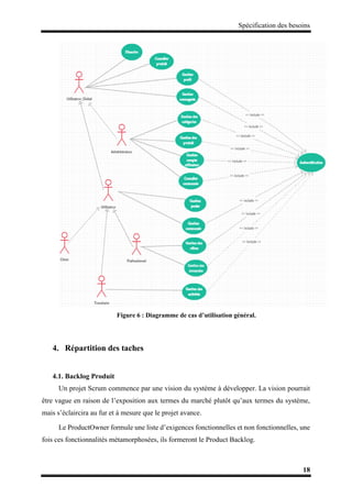 Spécification des besoins
18
Figure 6 : Diagramme de cas d’utilisation général.
4. Répartition des taches
4.1. Backlog Produit
Un projet Scrum commence par une vision du système à développer. La vision pourrait
être vague en raison de l’exposition aux termes du marché plutôt qu’aux termes du système,
mais s’éclaircira au fur et à mesure que le projet avance.
Le ProductOwner formule une liste d’exigences fonctionnelles et non fonctionnelles, une
fois ces fonctionnalités métamorphosées, ils formeront le Product Backlog.
 
