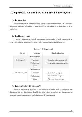 Gestion profil et messagerie
24
Chapitre III. Release 1 : Gestion profil et messagerie
1. Introduction
Dans ce chapitre nous allons détaillés le release 1 contenant les sprints 1 et 2 ainsi nous
dégagerons les cas d’utilisations et nous détaillerons les étapes de la conception et de la
réalisation.
2. Backlog du release
Le tableau ci-dessous représente le backlog du release « gestion du profil et messagerie ».
Nous avons présenté les sprints, les acteurs et les cas d’utilisation de chaque sprint.
Tableau 6 : Backlog release 1
Sprint Acteurs Cas d’utilisation
Gestion profil
Administrateur
Transitaire
Professionnel
client
 Consulter information profil.
 Mise à jour information profil.
Gestion messagerie
Administrateur
Transitaire
Professionnel
Client
 Consulter messagerie.
 Envoyer un message.
 Répondre à un message.
3. Premier Sprint : Gestion profil
Dans cette section, nous détaillons le cas d’utilisation « Gestion profil » en présentant son
diagramme du cas d’utilisation détaillé, les descriptions textuelles, les diagrammes de
séquences correspondantes ainsi que le diagramme de classe associé.
 
