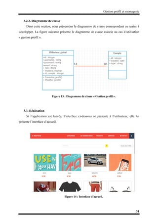 Gestion profil et messagerie
31
3.2.3. Diagramme de classe
Dans cette section, nous présentons le diagramme de classe correspondant au sprint à
développer. La figure suivante présente le diagramme de classe associe au cas d’utilisation
« gestion profil ».
Figure 13 : Diagramme de classe « Gestion profil ».
3.3. Réalisation
Si l’application est lancée, l’interface ci-dessous se présente à l’utilisateur, elle lui
présente l’interface d’accueil.
Figure 14 : Interface d’accueil.
 