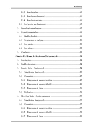 Sommaire
2.2.2. Interface client ....................................................................................... 15
2.2.3. Interface professionnel........................................................................... 16
2.2.4. Interface transitaire ................................................................................ 16
2.3. Les besoins non fonctionnels....................................................................... 17
3. Formalisation des besoins .................................................................................. 17
4. Répartition des taches......................................................................................... 18
4.1. Backlog Produit ........................................................................................... 18
4.2. Structuration en package.............................................................................. 20
4.3. Les sprints.................................................................................................... 22
4.4. Les releases.................................................................................................. 23
5. Conclusion.......................................................................................................... 23
Chapitre III. Release 1 : Gestion profil et messagerie .............................................. 24
1. Introduction ........................................................................................................ 24
2. Backlog du release ............................................................................................. 24
3. Premier Sprint : Gestion profil........................................................................... 24
3.1. Spécification fonctionnelle .......................................................................... 25
3.2. Conception................................................................................................... 27
3.2.1. Diagramme de séquence système .......................................................... 27
3.2.2. Diagramme de séquence détaillé ........................................................... 29
3.2.3. Diagramme de classe ............................................................................. 31
3.3. Réalisation ................................................................................................... 31
4. Deuxième Sprint : Gestion messagerie .............................................................. 35
4.1. Spécification fonctionnelle .......................................................................... 35
4.2. Conception................................................................................................... 37
4.2.1. Diagramme de séquence système .......................................................... 37
4.2.2. Diagramme de séquence détaillée.......................................................... 39
4.2.3. Diagramme de classe ............................................................................. 41
 