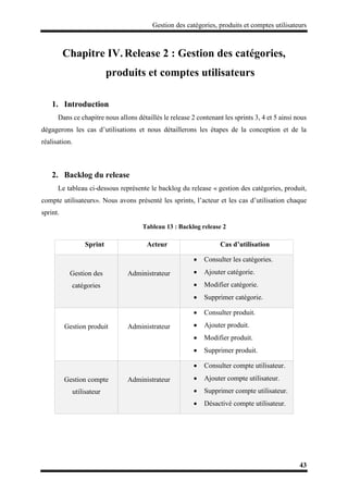 Gestion des catégories, produits et comptes utilisateurs
43
Chapitre IV. Release 2 : Gestion des catégories,
produits et comptes utilisateurs
1. Introduction
Dans ce chapitre nous allons détaillés le release 2 contenant les sprints 3, 4 et 5 ainsi nous
dégagerons les cas d’utilisations et nous détaillerons les étapes de la conception et de la
réalisation.
2. Backlog du release
Le tableau ci-dessous représente le backlog du release « gestion des catégories, produit,
compte utilisateurs». Nous avons présenté les sprints, l’acteur et les cas d’utilisation chaque
sprint.
Tableau 13 : Backlog release 2
Sprint Acteur Cas d’utilisation
Gestion des
catégories
Administrateur
 Consulter les catégories.
 Ajouter catégorie.
 Modifier catégorie.
 Supprimer catégorie.
Gestion produit Administrateur
 Consulter produit.
 Ajouter produit.
 Modifier produit.
 Supprimer produit.
Gestion compte
utilisateur
Administrateur
 Consulter compte utilisateur.
 Ajouter compte utilisateur.
 Supprimer compte utilisateur.
 Désactivé compte utilisateur.
 