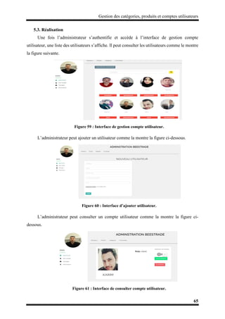 Gestion des catégories, produits et comptes utilisateurs
65
5.3. Réalisation
Une fois l’administrateur s’authentifie et accède à l’interface de gestion compte
utilisateur, une liste des utilisateurs s’affiche. Il peut consulter les utilisateurs comme le montre
la figure suivante.
Figure 59 : Interface de gestion compte utilisateur.
L’administrateur peut ajouter un utilisateur comme la montre la figure ci-dessous.
Figure 60 : Interface d’ajouter utilisateur.
L’administrateur peut consulter un compte utilisateur comme la montre la figure ci-
dessous.
Figure 61 : Interface de consulter compte utilisateur.
 