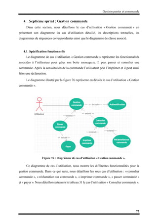 Gestion panier et commande
77
4. Septième sprint : Gestion commande
Dans cette section, nous détaillons le cas d’utilisation « Gestion commande » en
présentant son diagramme du cas d’utilisation détaillé, les descriptions textuelles, les
diagrammes de séquences correspondantes ainsi que le diagramme de classe associé.
4.1. Spécification fonctionnelle
Le diagramme de cas d’utilisation « Gestion commande » représente les fonctionnalités
associées à l’utilisateur pour gérer son boite messagerie. Il peut passer et consulter une
commande. Après la consultation de la commande l’utilisateur peut l’imprimer et il peut aussi
faire une réclamation.
Le diagramme illustré par la figure 76 représente en détails le cas d’utilisation « Gestion
commande ».
Figure 76 : Diagramme de cas d’utilisation « Gestion commande ».
Ce diagramme de cas d’utilisation, nous montre les différentes fonctionnalités pour la
gestion commande. Dans ce qui suite, nous détaillons les sous cas d’utilisation : « consulter
commande », « réclamation sur commande », « imprimer commande », « passer commande »
et « payer ». Nous détaillons à travers le tableau 31 le cas d’utilisation « Consulter commande ».
 