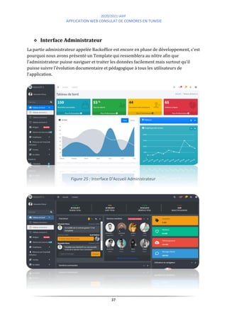 2020/2021 IAHF
APPLICATION WEB CONSULAT DE COMORES EN TUNISIE
37
Figure 25 : Interface D'Accueil Administrateur
❖ Interface Administrateur
La partie administrateur appelée Backoffice est encore en phase de développement, c'est
pourquoi nous avons présenté un Template qui ressemblera au nôtre afin que
l'administrateur puisse naviguer et traiter les données facilement mais surtout qu'il
puisse suivre l'évolution documentaire et pédagogique à tous les utilisateurs de
l'application.
 