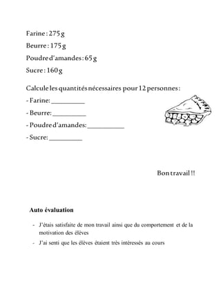 Farine:275g
Beurre:175g
Poudred’amandes:65g
Sucre:160g
Calculelesquantitésnécessaires pour12personnes:
-Farine:_________
-Beurre:_________
-Poudred’amandes:__________
-Sucre:_________
Bontravail!!
Auto évaluation
- J’étais satisfaite de mon travail ainsi que du comportement et de la
motivation des élèves
- J’ai senti que les élèves étaient très intéressés au cours
 